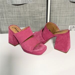 Free People Fuchsia Suede Double Strap Block Heel Mules